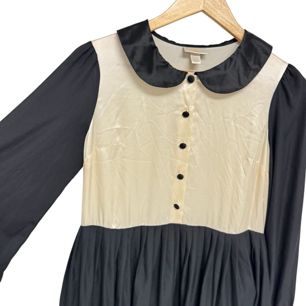 Erin Fetherston Juniors Silk Dress Long Sleeve Button Collar beige black size 5 - Picture 2 of 10